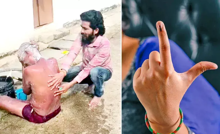 ఓటరు వీపు రుద్దుతున్న  సర్పంచ్ అభ్యర్థి భర్త